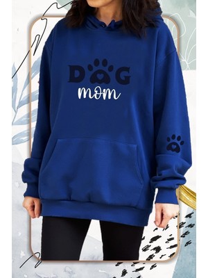 Hediyenza Kadın Lacivert Dog Mom Baskılı Sweatshirt Kapüşonlu Şardonlu Kalın Sweatshirt