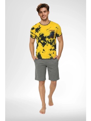 Mecit Pijama Mecit 4001 Sarı Batik Desenli %100 Pamuk Şortlu Erkek Pijama Takımı