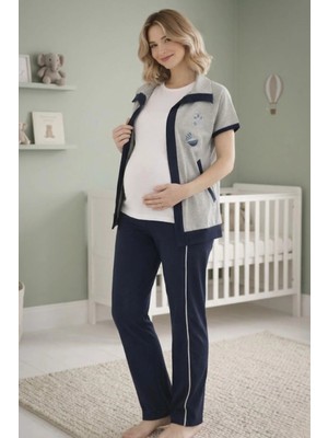 Mecit Pijama Mecit 6352 Lacivert 3'lü Hamile Lohusa Pijama Takımı