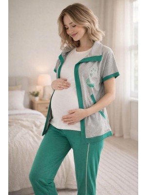 Mecit Pijama Mecit 6352 Yeşil 3'lü Hamile Lohusa Pijama Takımı