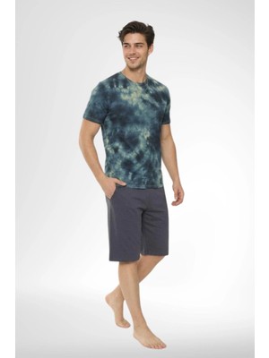 Mecit Pijama Mecit 4001 Lacivert Batik Desenli %100 Pamuk Şortlu Erkek Pijama Takımı