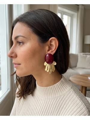 Bordo Renk Gold Sallantılı Model Küpe