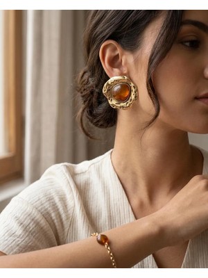 Gold Dövme Plaka Kahverengi Vintage Küpe