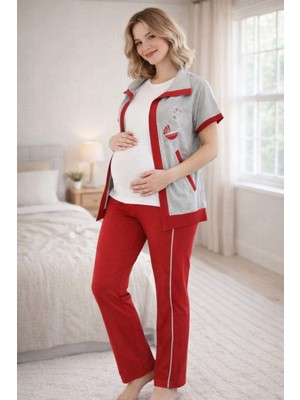 Mecit Pijama Mecit 6352 Kırmızı 3'lü Hamile Lohusa Pijama Takımı