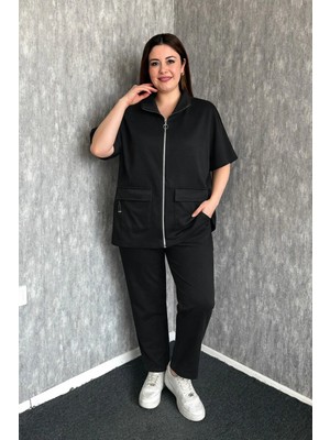 Modaplaza Kadın Büyük Beden Modal Kumaş Fermuarlı Yelek Pantolon Takım 7580
