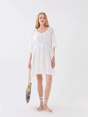 Lc Waikiki Yeni Sezon V Yaka Nakışlı Kısa Kollu Kadın Plaj Elbisesi