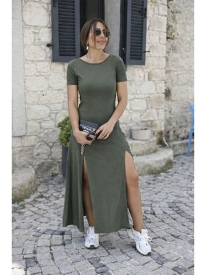 Livizmir Moda Kadın Kısa Kollu Sırt Dekolteli Yırtmaç Detaylı Viskon Elbise