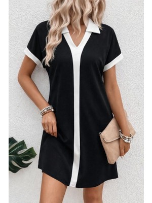 Livizmir Moda Kadın Kısa Kollu V Yakalı Onden Şerit Detaylı Yakalı Kısa Janjan Krep Elbise