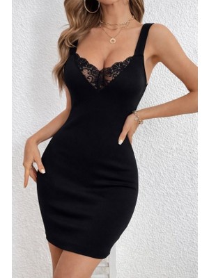 Gökyüzü Moda Kadın Askılı V Dantel Yakalı Kısa Dalgıç Elbise