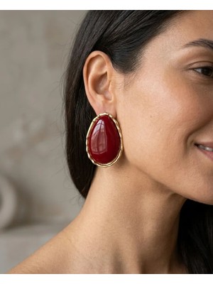 Gold Altın Çerçeveli Oval Bordo Küpe