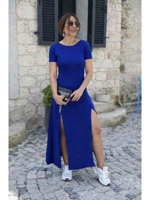 Kendim Fashion Kadın Kısa Kollu Sırt Dekolteli Yırtmaç Detaylı Viskon Elbise