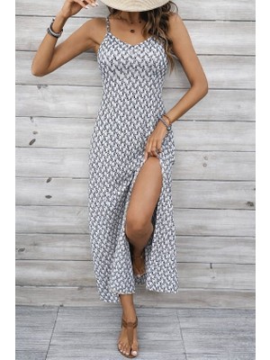 Gökyüzü Moda Kadın Ip Askılı V Yakalı Yırtmaçlı Uzun Süprem Elbise