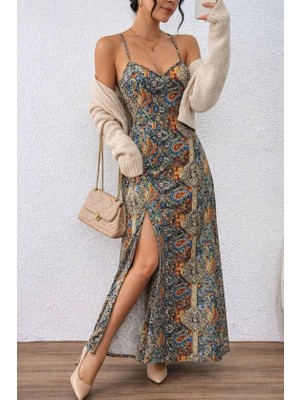 Arben Boutique Kadın Ip Askılı Arkadan Çapraz Kesim Detaylı Uzun Desenli Süprem Elbise