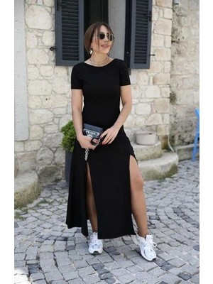 Gökyüzü Moda Kadın Kısa Kollu Sırt Dekolteli Yırtmaç Detaylı Viskon Elbise