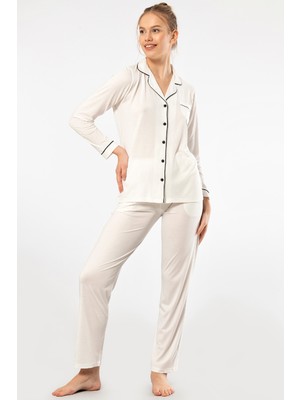 Türen Kadin Düz Uzun Kollu Gömlek Yaka Pijama Takimi 3365/EKRU