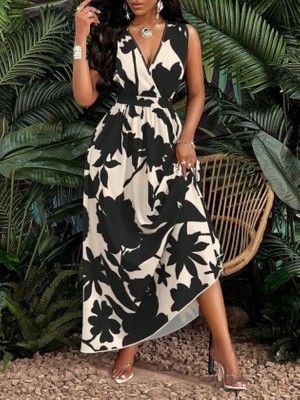 Meğdaix Kadın Askılı Kruvaze Yakalı Çiçek Desenli Uzun Süprem Elbise