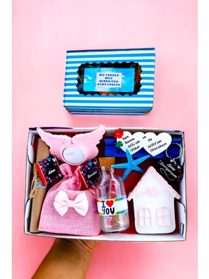 Hediye Kombini Sevgiliye Mavi Çizgi Desenli Pencereli Hediye Kutusunda Romantik Kombini Eşe, Doğum Günü Yıldönümü Romantik Hediyelik Eşya Seti