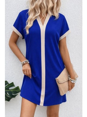 Pusula Sepeti Kadın Kısa Kollu V Yakalı Onden Şerit Detaylı Yakalı Kısa Janjan Krep Elbise