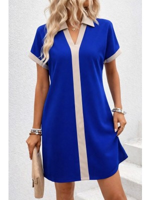 Buğrahayalin Kadın Kısa Kollu V Yakalı Onden Şerit Detaylı Yakalı Kısa Janjan Krep Elbise