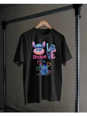 Hediyenza Bisiklet Yaka Pamuklu Stitch Baskılı Kısa Kollu Çocuk ve Genç Tişört