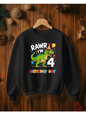 Hediyenza 4 Yaş T-Rex Dinazor Doğum Günü Erkek Çocuk Sweatshirt 3 Iplik Kalın Kumaş