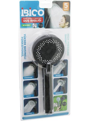 Go İthalat 5 Mod Yuvarlak=8.7cm Duş Başlık Kademeli Vakumlu Siyah Gövde - Siyah Zemin - Beyaz-Syh Iğne SAP:14CM (5491)