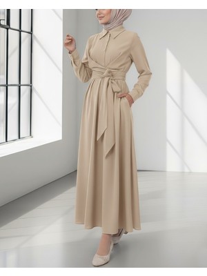 Modamorfo Yarım Düğmeli Önü Çapraz Bağlamalı Elbise -Bej
