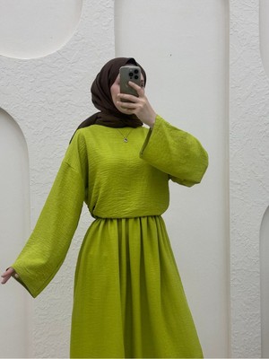 Moda Morfo Bisiklet Yaka Bluz Etek Keten Takım -F.Yeşili