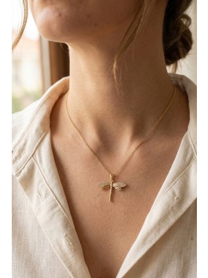 Lykos Çelik Zincir Gold Renk 45 cm Yusufçuk Model Zirkon Taşlı Kadın Kolye