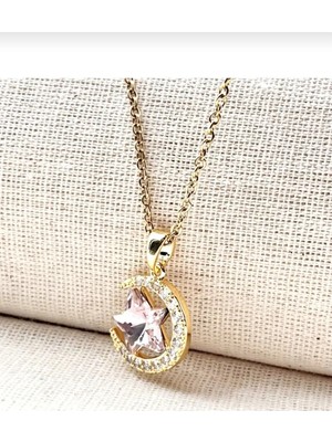 Premium Paslanmaz Çelik Ay ve Pembe Yıldız Gold Kolye
