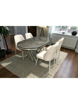Msy Home 4 Kişilik Monaco Stil Krom Çizgili Krem Kumaş Ironi Oval Masa Modern Yemek Odası Seti
