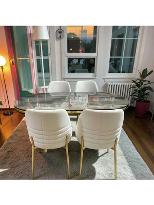 Msy Home 4 Kişilik Monaco Stil Gold Çizgili Krem Kumaş Ironi Oval Masa Modern Yemek Odası Seti