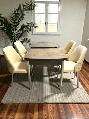 Msy Home 6 Kişilik Premium Seri Krom Detaylı Krem Renk Siyah Sonomo Kelebek Masa Modern Şık Set