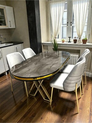 Msy Home 4 Kişilik Monaco Stil Gold Çizgili Gri Yönsüz Kumaş Ironi Oval Masa Modern Yemek Odası Seti