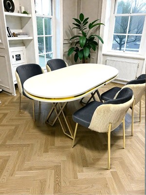 Msy Home 4 Kişilik Aura Gold Serisi Beyaz Lake Oval Yemek Masası ve Puffy Antrasit Sandalye Takımı Modern