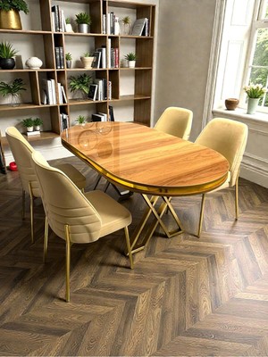 Msy Home 4 Kişilik Monaco Stil Gold Çizgili Yönsüz Kumaş Modern Yemek Odası Seti