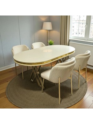 Msy Home 4 Kişilik Aura Gold Serisi Beyaz Lake Oval Yemek Masası ve Puffy Krem Sandalye Takımı Modern