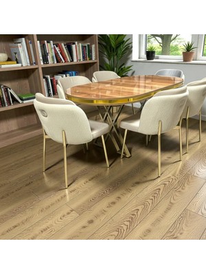 Msy Home 4 Kişilik Aura Gold Serisi Ceviz Lake Oval Yemek Masası ve Puffy Krem Sandalye Takımı Modern