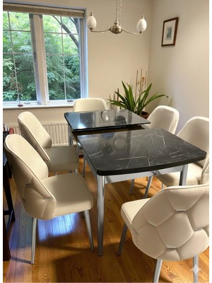 Msy Home 6 Kişilik Asil Krom Serisi Kelebek Siyah Mermer Desenli Yemek Masası Takımı
