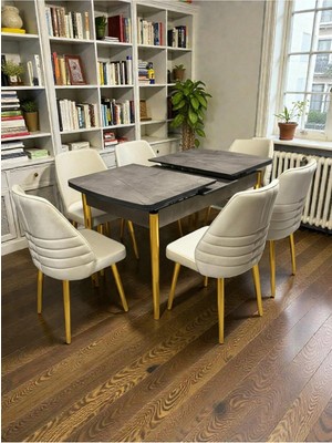 Msy Home 6 Kişilik Premium Seri Gold Detaylı Krem Renk Siyah Sonomo Kelebek Masa Modern Şık Set