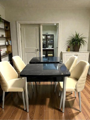 Msy Home 4 Kişilik Premium Seri Krom Detaylı Gri Renk Siyah Mermer Desenli Kelebek Masa Modern Şık Set