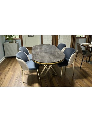 Msy Home 4 Kişilik Aura Gold Serisi Ironi Lake Oval Yemek Masası ve Puffy Füme Sandalye Takımı Modern