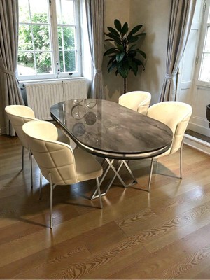 Msy Home 4 Kişilik Serya Ironi Oval Masa Krom Ayak Yönsüz Kumaş Modern ve Şık Yemek Odası Takımı