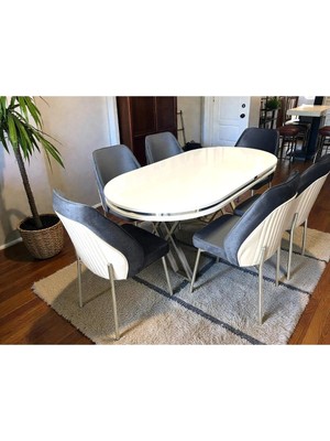 Msy Home 6 Kişilik Milano Krom Serisi Oval Beyaz Lake Masa Yönsüz Kumaş Modern ve Şık Yemek Takımı