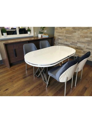 Msy Home 4 Kişilik Milano Krom Serisi Oval Beyaz Lake Masa Yönsüz Kumaş Modern ve Şık Yemek Takımı