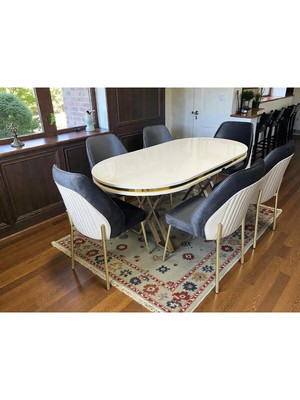 Msy Home 6 Kişilik Milano Serisi Oval Beyaz Lake Masa Yönsüz Kumaş Modern ve Şık Yemek Takımı