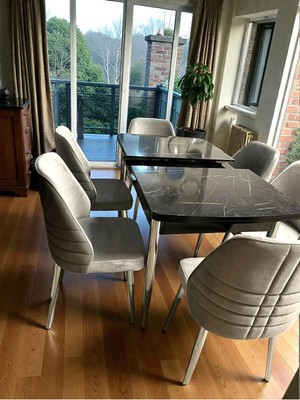 Msy Home 4 Kişilik Premium Seri Krom Detaylı Gri Renk Siyah Mermer Desenli Kelebek Masa Modern Şık Set