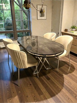 Msy Home 4 Kişilik Berya Ironi Oval Masa Krom Ayak Yönsüz Kumaş Modern ve Şık Yemek Odası Takımı