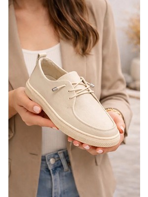 Grado Lastik Bağlı Kadın Ortapedik Rahat Comfort Ayakkabı Bej Cilt