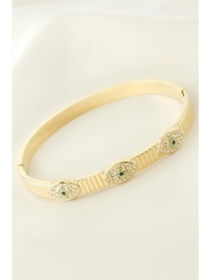 Fantastik Store Göz Zirkon Taşlı Lüks Çelik Kelepçe Bileklik